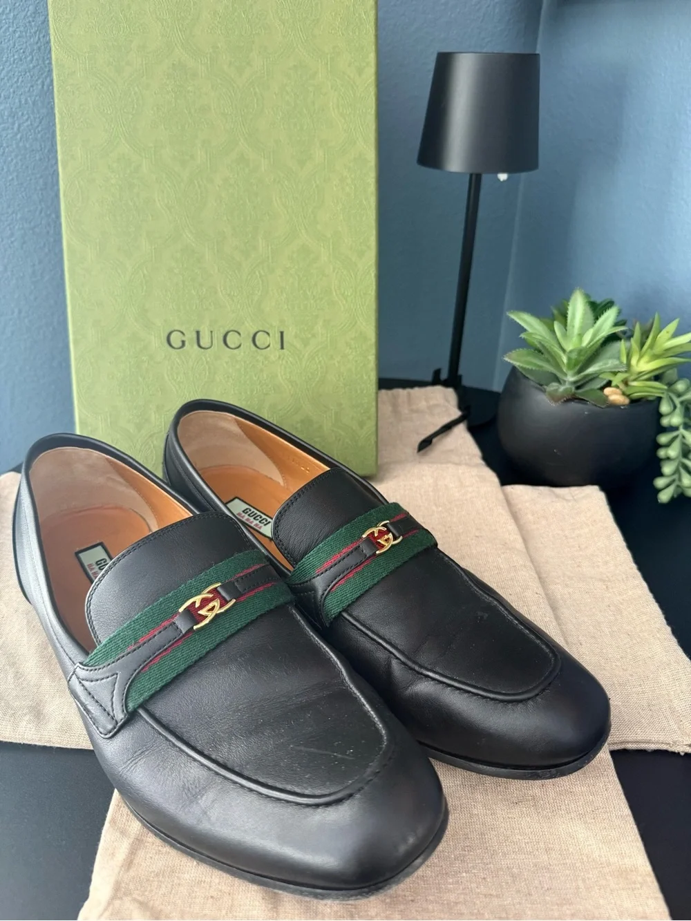 Gucci Black Leather Loafers with Green-Red Web and Gold Hardware